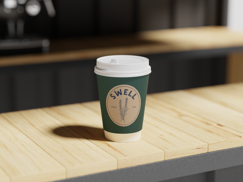 Coffee cup with rustic colors and branding.