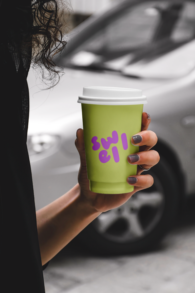 Coffee cup with bright colorful funky branding.